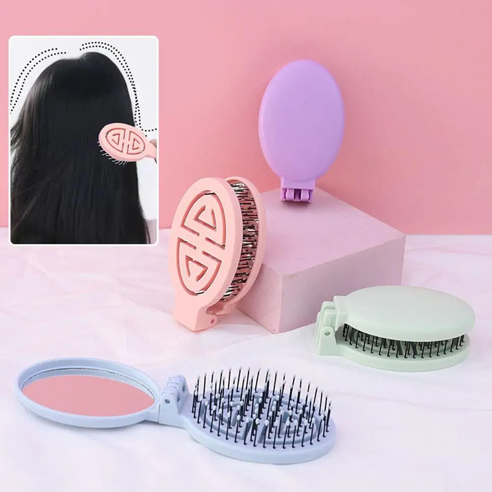 

Protable Comb Useful Hairbrush With Mirror Outdoor Styling Tool Scalp Massage Hair Care Hollow Out Decor Foldable Hair Comb