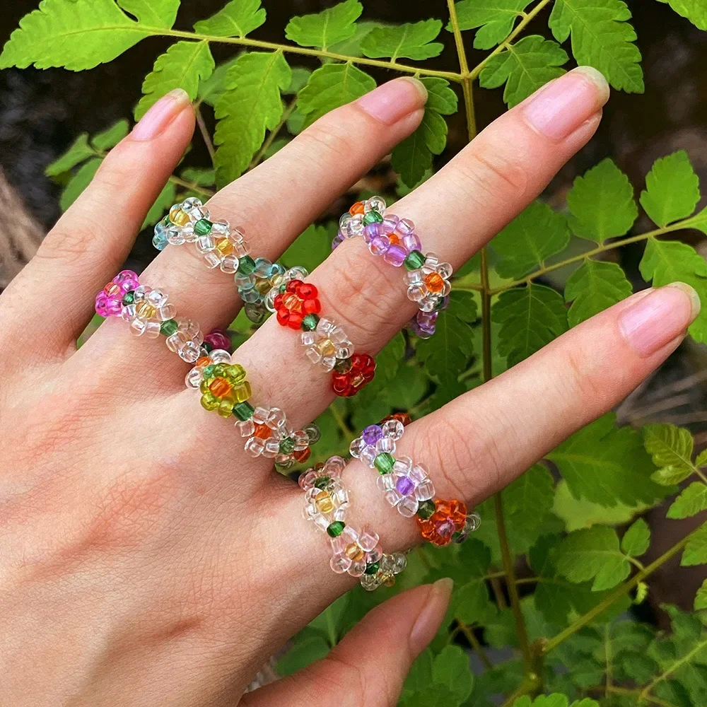

Fashion Crystal Beaded Elastic Rings Cute Candy Color Beads Handmade Woven Flower Ring for Women Summer Bohemian Jewelry Gifts
