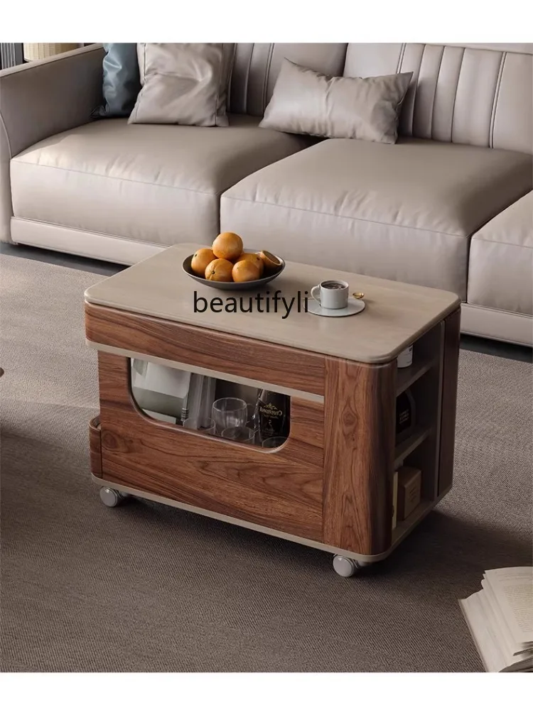 Solid Wood Lifting Tea Table Movable Trolley Side Table Black Walnut Household Rotating Bedside Cabinet image 2