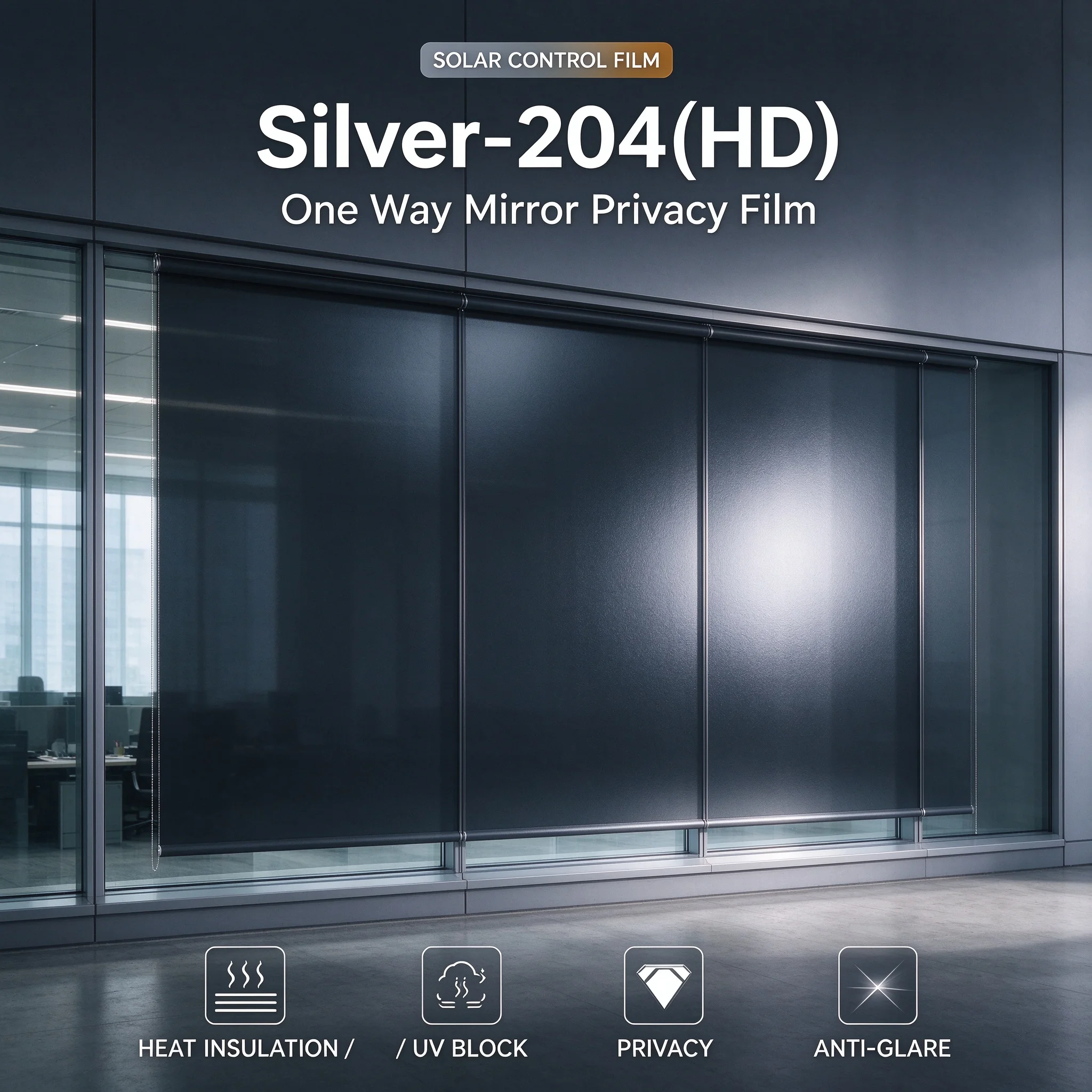 Silver-204 PET Window Film Roll One Way Privacy Heat Insulation Anti Glare UV Block Easy DIY Install for Home Office Car Glass