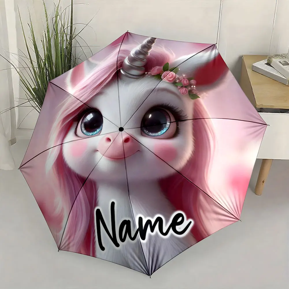 Custom Name  Adorable Unicorn Printed Umbrella Design Print 8 Iron Ribs Folding Umbrella Auto-Open Fashion Sunshade