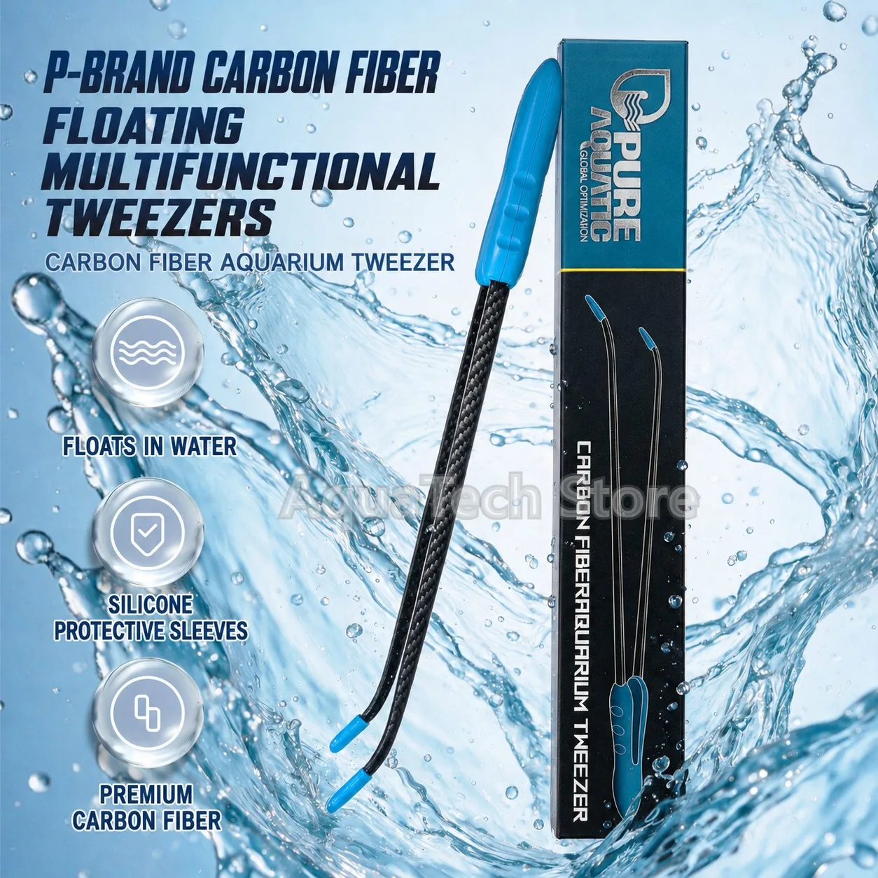PURE AQUATIC 48cm Carbon Fiber Aquarium Tweezers Floating Curved Silicone Tip Reef Tank Coral Frag Aquarium Maintenance Tool