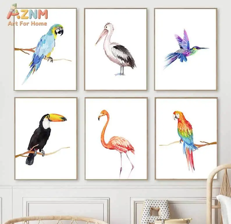 AZNM Watercolor Tropical Bird Canvas Wall Art Flamingo Toucan Hummingbird Minimalist Wildlife Print Unframed Canvas Modern Home