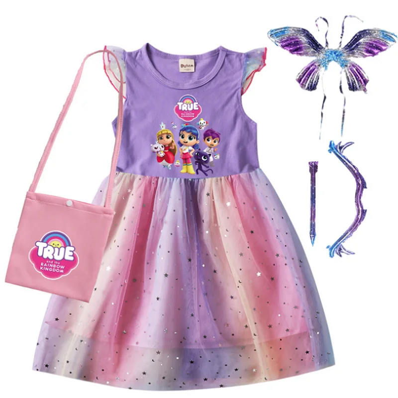 True Rainbow Kingdom Princess Girls Dresses Cosplay Cute T Shirt Gauze Mesh Dress+bag with Wing Kids Casual Clothes Kids Costume