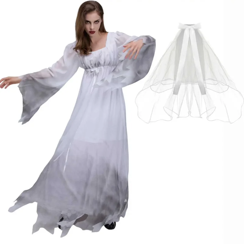 Bear's Den Ghost Bride Kostuum Vrouwen Uitlopende Mouw Lange Gothic Victoriaanse Jurken Halloween Cosplay Jurk Nieuw 2025