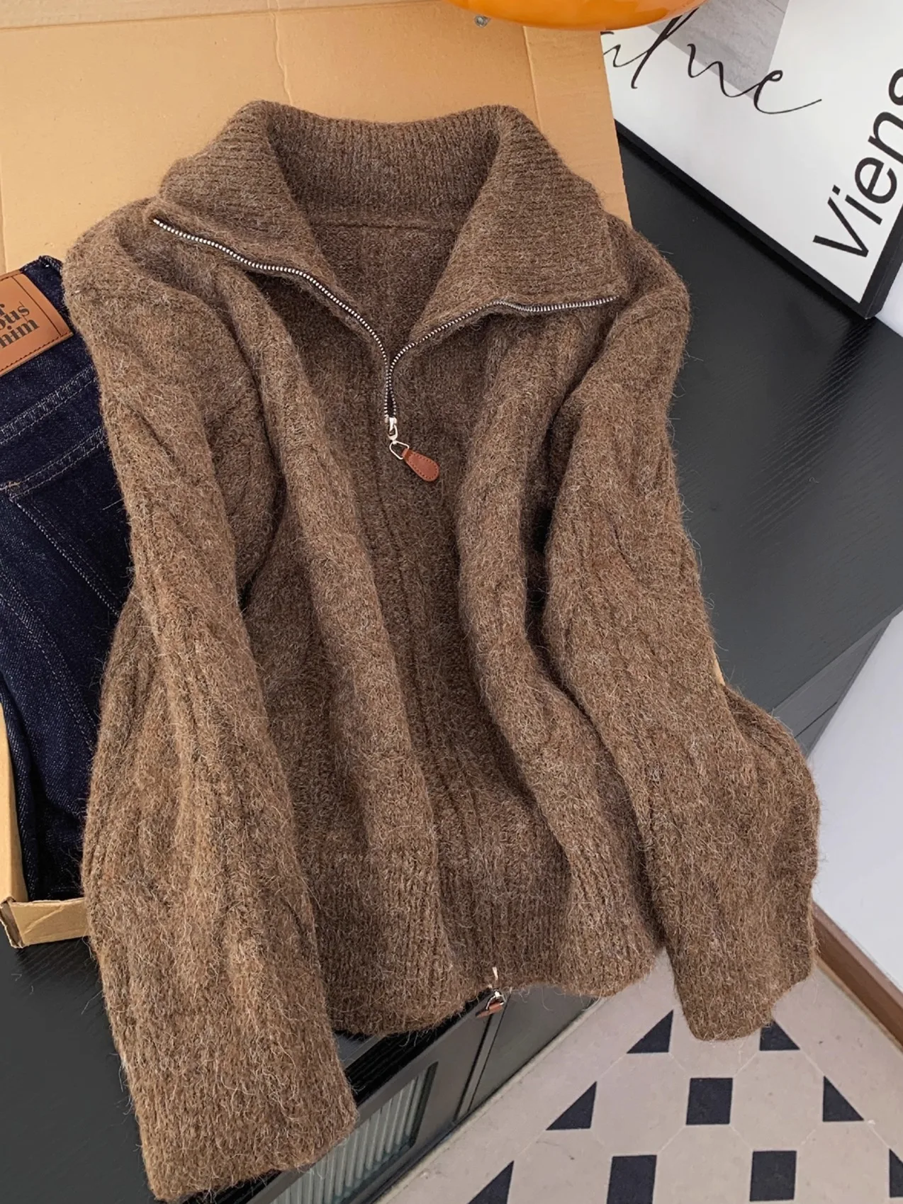

Thiened Zipper Collar Sweater Jaet Women's Outerwear Loose Fit Winter Sle Casual Comfortable Knitwear High Waist