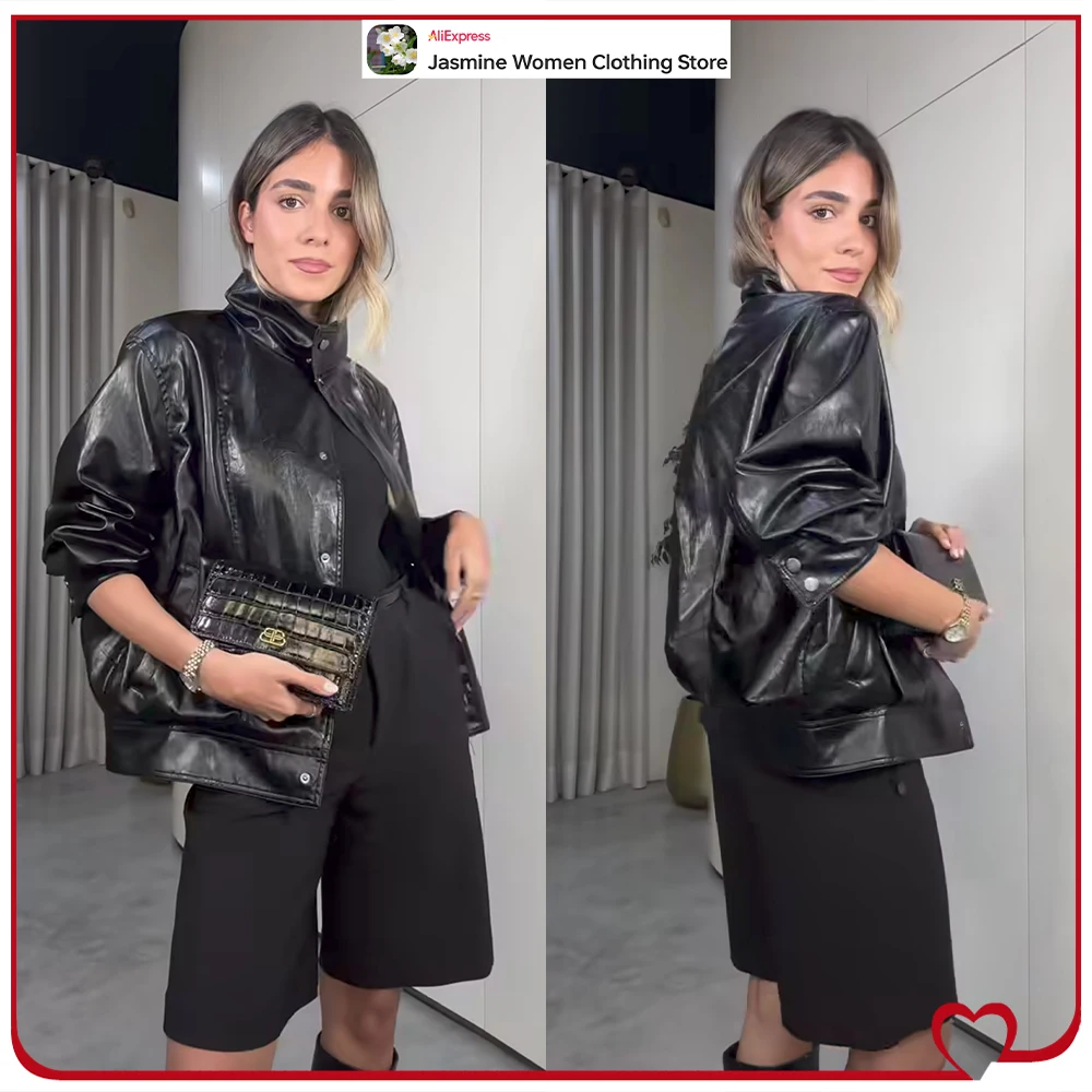 Stylish Women High Collar and Long Sleeves Zippered Jackets Elegant Chic Faux Leather Outwears with Pockets Black Bomber Jackets