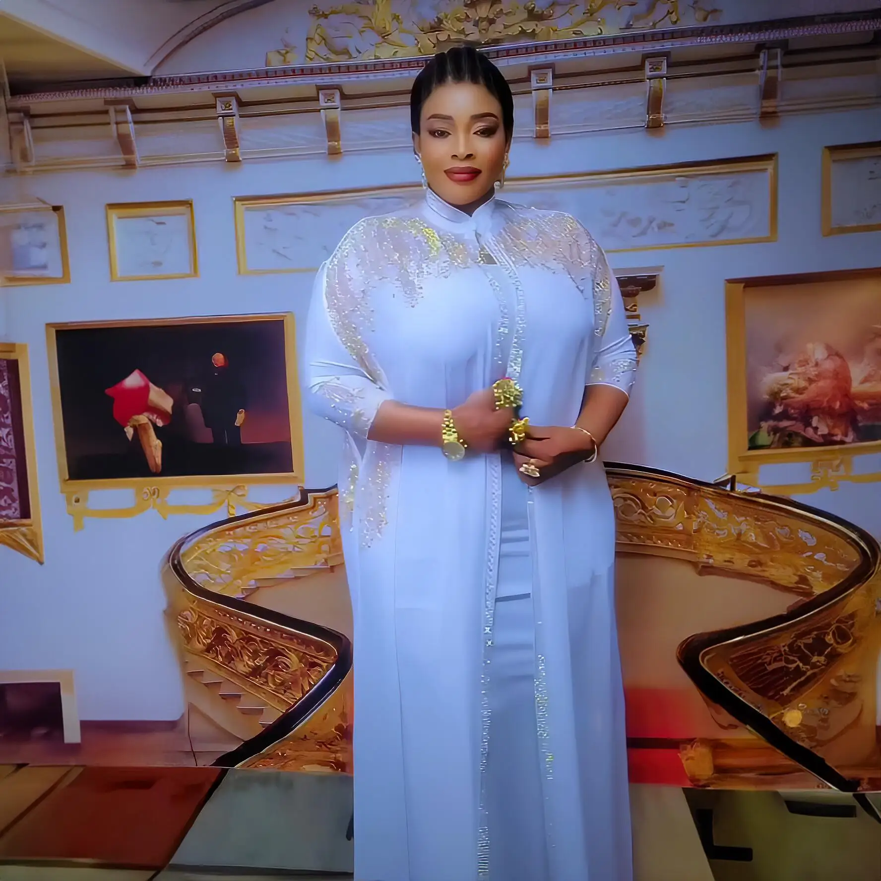 Neu eingetroffen: Afrikanisches zweiteiliges Kleid für Damen, elegantes Luxuskleid mit Strass für die Kirche – Detail 27