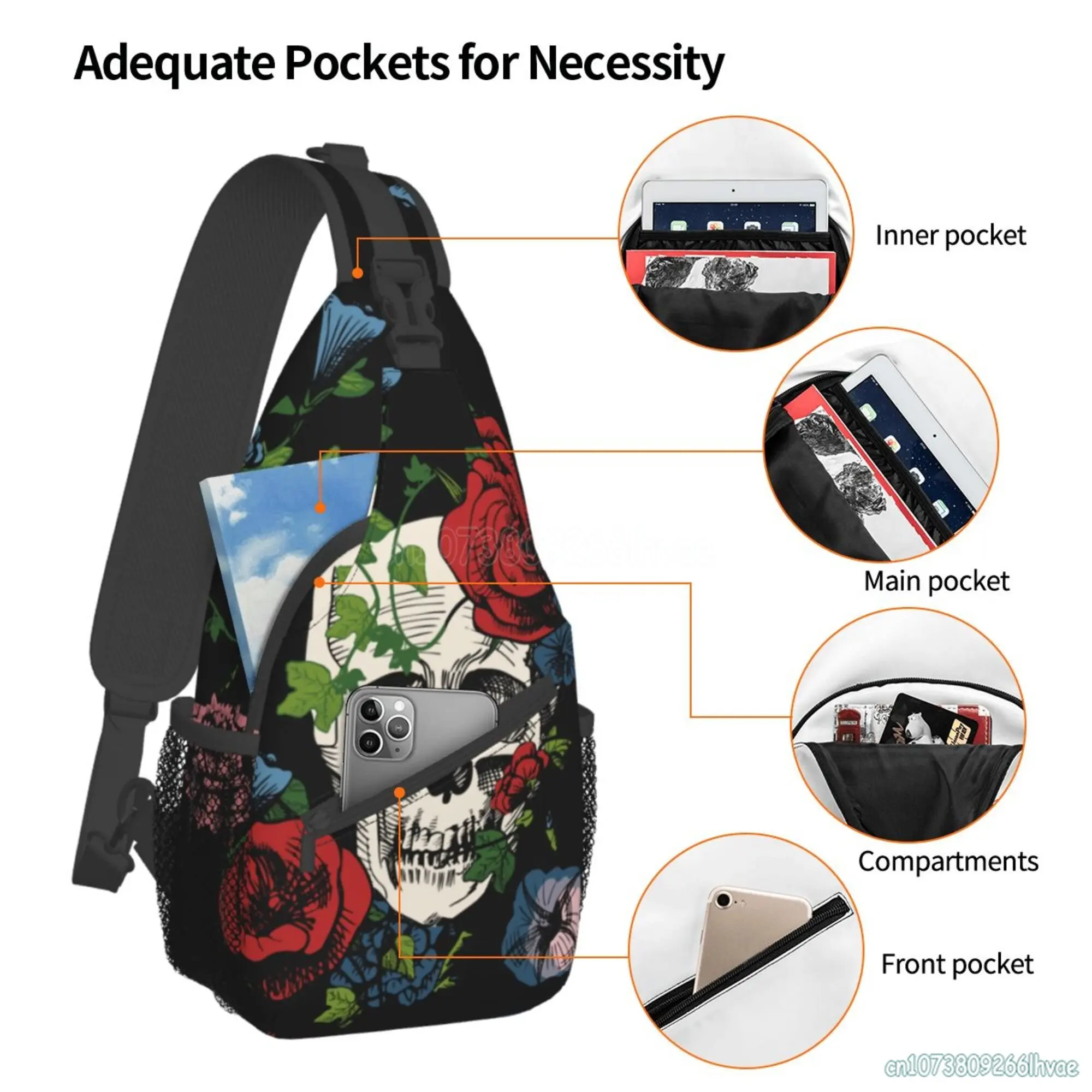 Red Rose Sugar Skull Diamond Sling Backpack Chest Bag Waterproof Crossbody Travel Hiking Daypack for Women Men Shoulder Bag