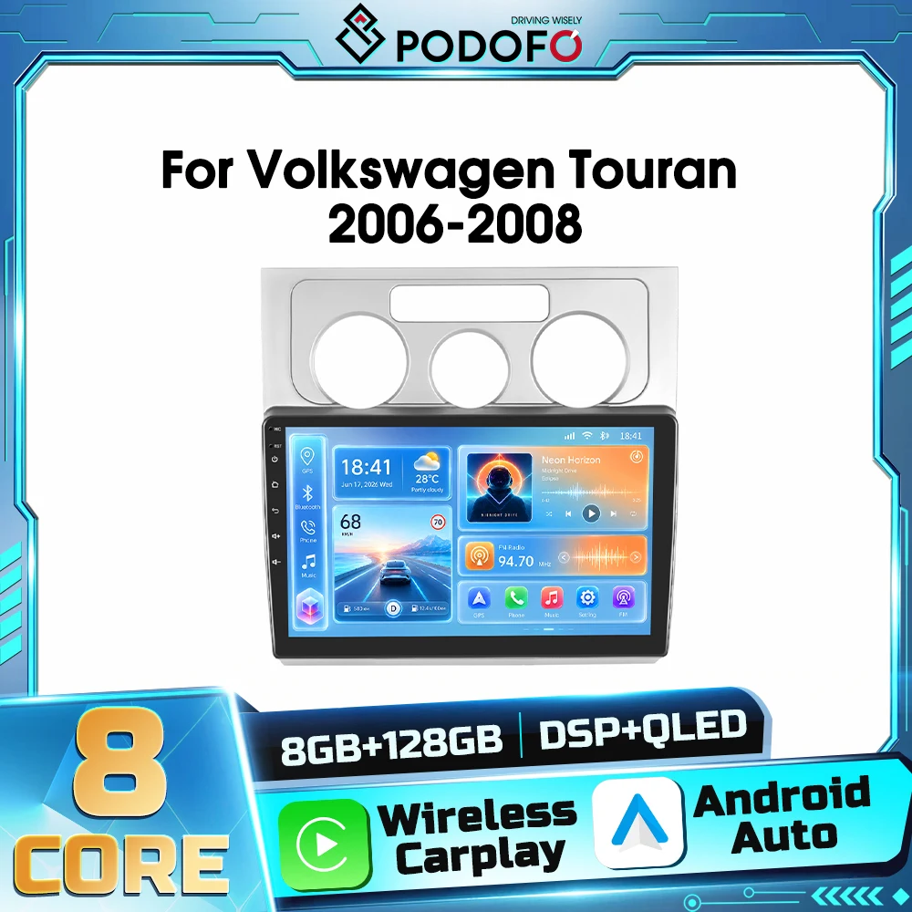 Podofo, lettore multimediale Android 2DIN per auto, compatibile con Volkswagen Touran 2006-2008, con navigazione GPS, Carplay wireless, Android Auto, WIFI, DSP, FM, RDS e Bluetooth, ricevitore