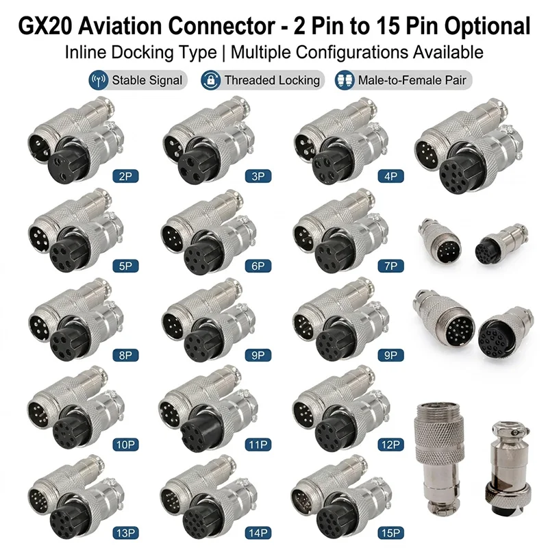 GX20 Docking Type Aviation Plug Socket 2 Pin to 15 Pin Male Female Butt Joint Circular Connector Inline Cable Wire Connector