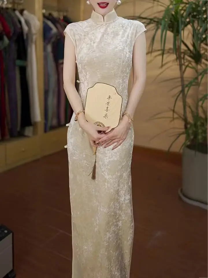 Chinese Elegant Dress for Women Vintage Mandarin Collar Female Sexy High Split Long Sleeve Slim Qipao Classic Cheongsam S87