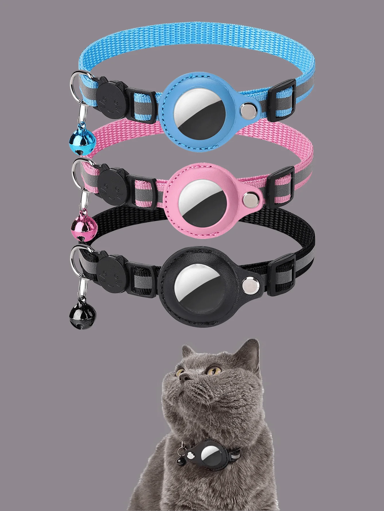 1 Piece Waterproof Reflective Pet Kitten Collar Anti-Lost Cat Collar Protective Tracker with Bell Cat Accessories (Locator Not Included)