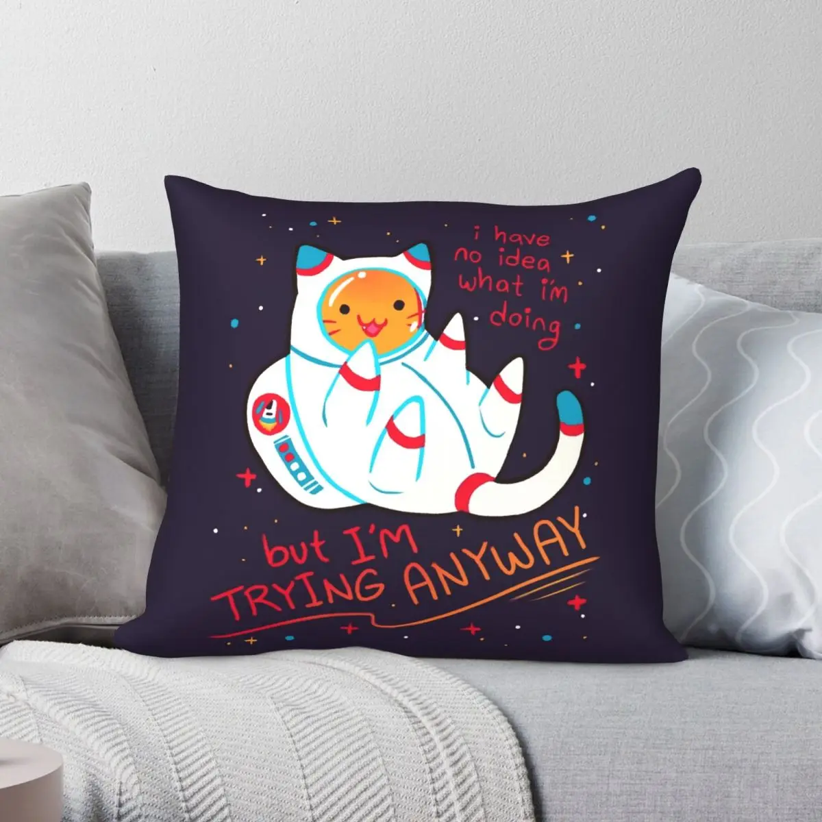 I'M TRYING ANYWAY Catstronaut Pillowcase Polyester Linen Velvet Creative Zip Decor Throw Pillow Case Room Cushion Cover