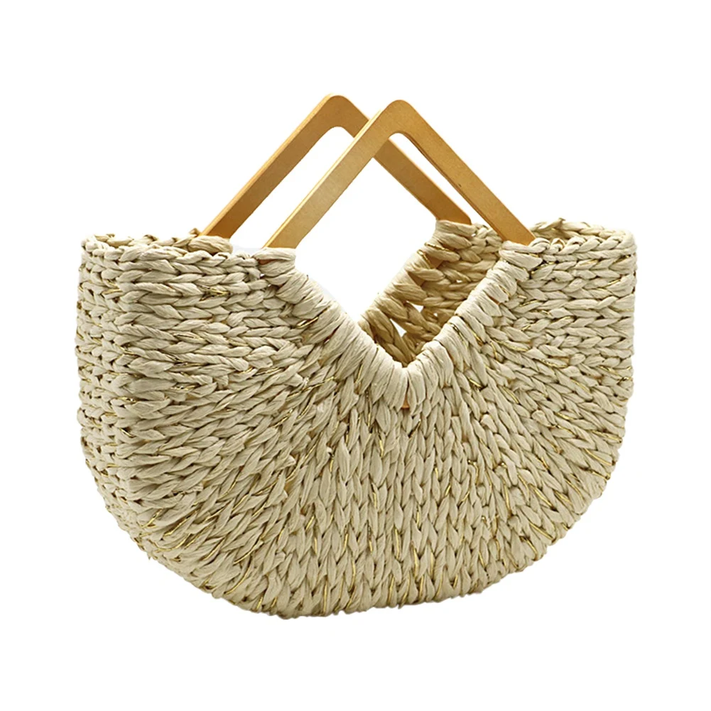 

Square Wooden Handle Half Moon Straw Tote Bag Women Designer Large Capacity Woven Beach Bag Ladies Bohemia Handbag