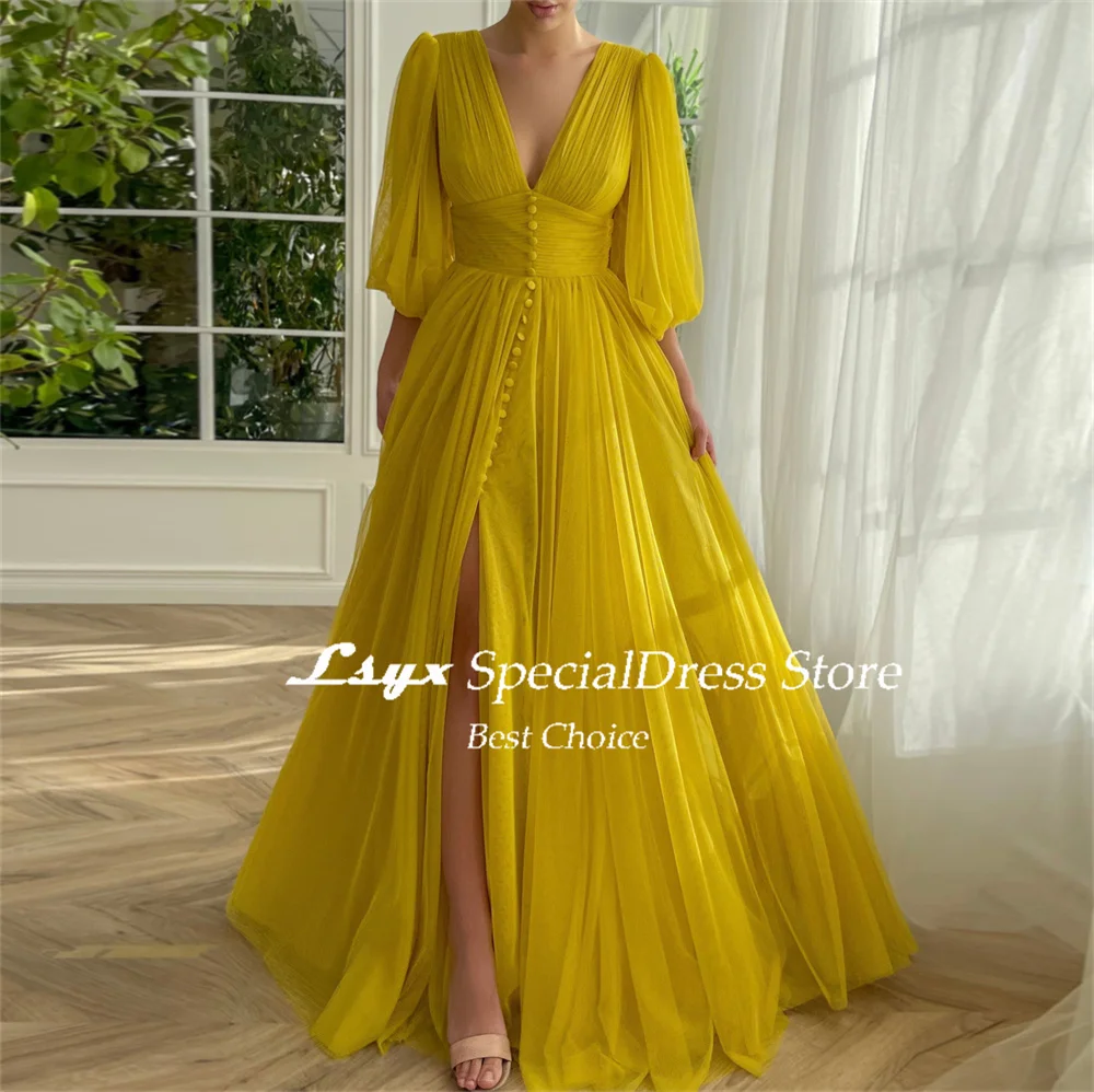 LSYX V Neck 3/4 Sleeves Tulle Evening Dress For Women A-line High Side Slit Ruffles Floor Length Simple Prom Gown