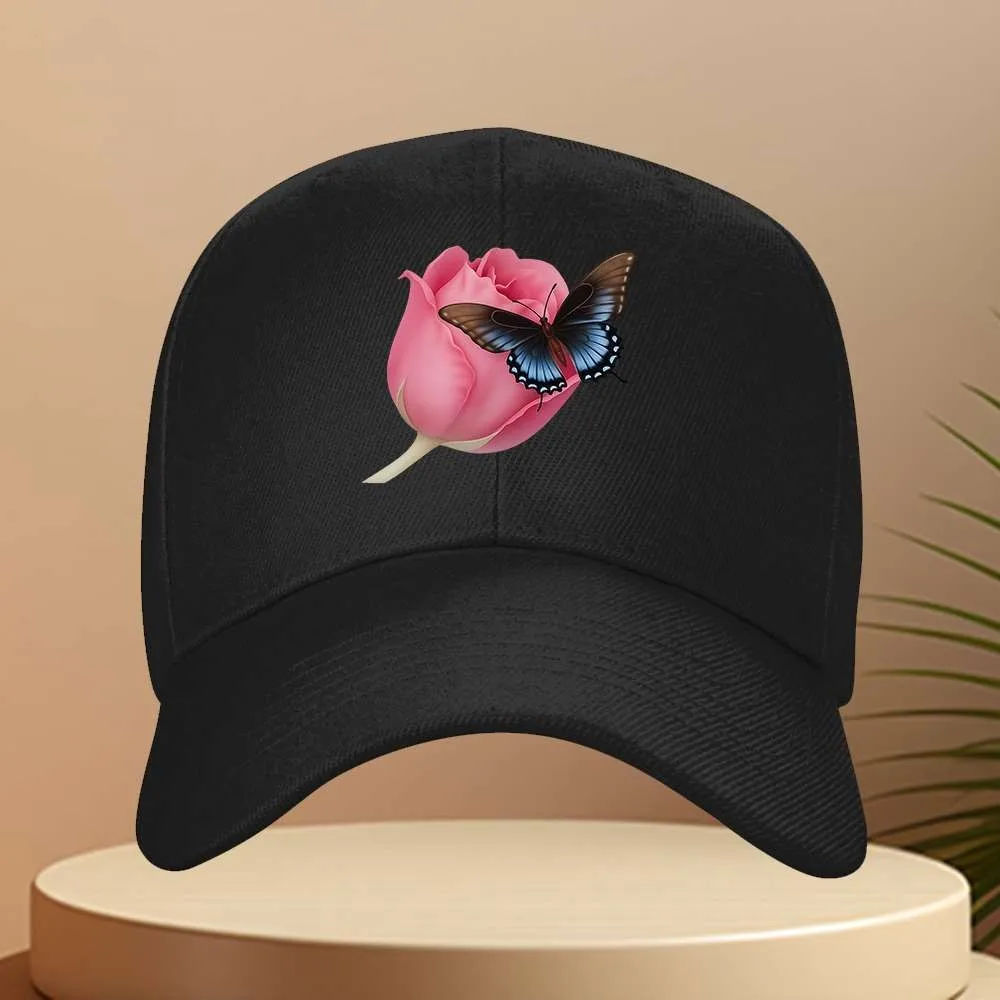 Rose and Butterfly Baseball Cap Adjustable Unisex Polyester Casual Baseball Hat