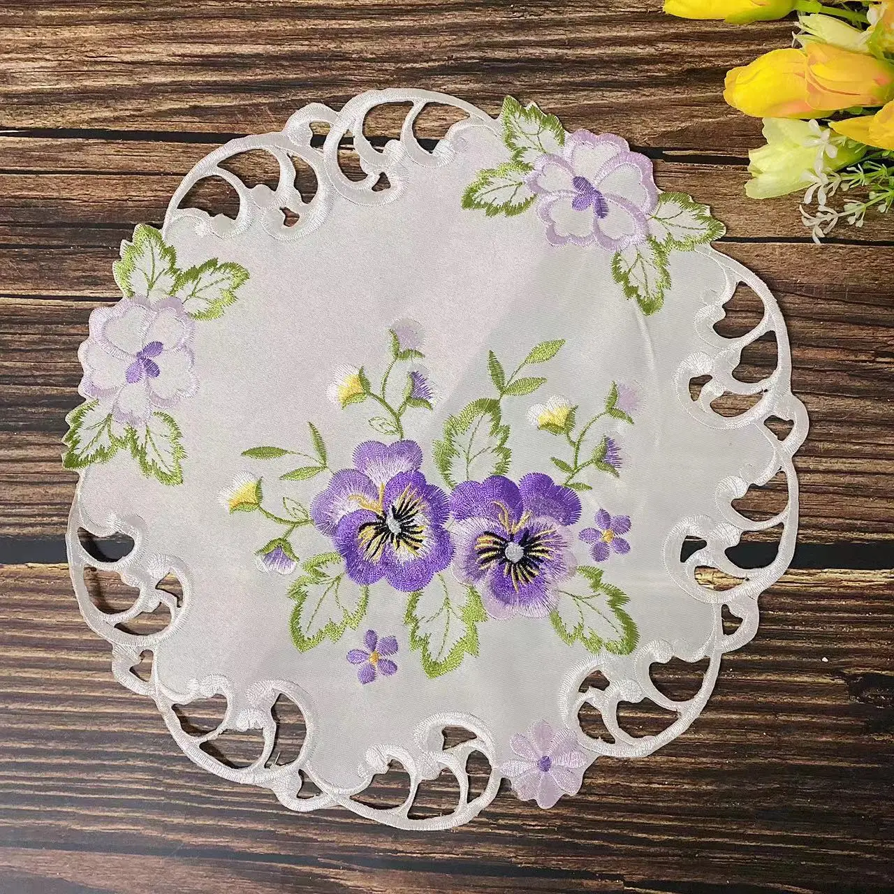 

New Violets Purple Flowers Embroidery Placemat Cup Mug Tea Pan Coaster Kitchen Dining Table Mat Lace Doily Wedding Decoration