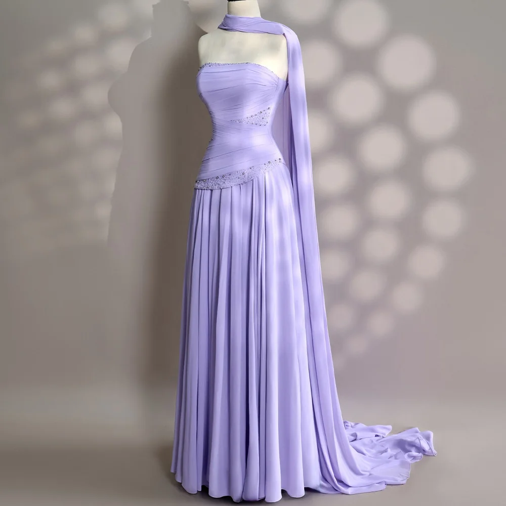 Customized  Romantic Lavender Chiffon Sequined and Crystal Evening Dress A-Line Watteau Train Strapless Saudi Arabia P