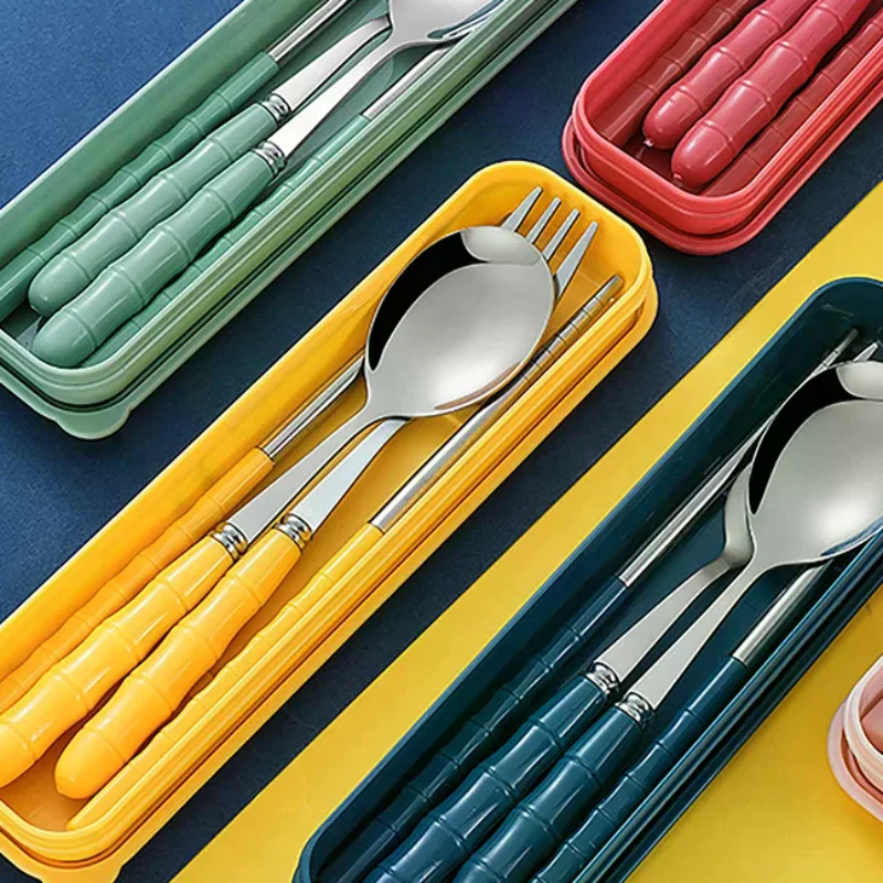 3Pcs Chopsticks Spoons Forks Sets Of Stainless Steel Portable Tableware Reusable Travel Picnic Cutlery With Box
