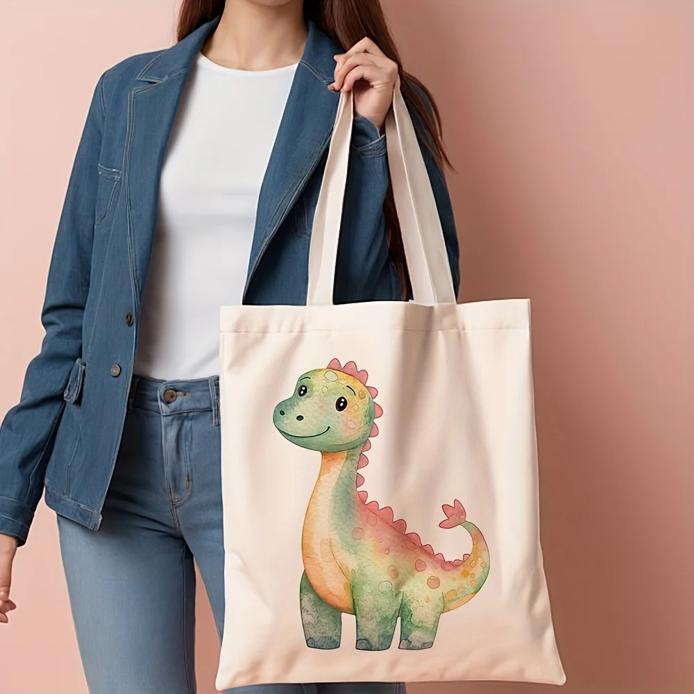 1pc, Watercolor Dinosaur Illustration Canvas Tote Bag Grocery Bags (35.05cm x 40.13cm) Stylish Shoulder Bag for Daily Shopping C