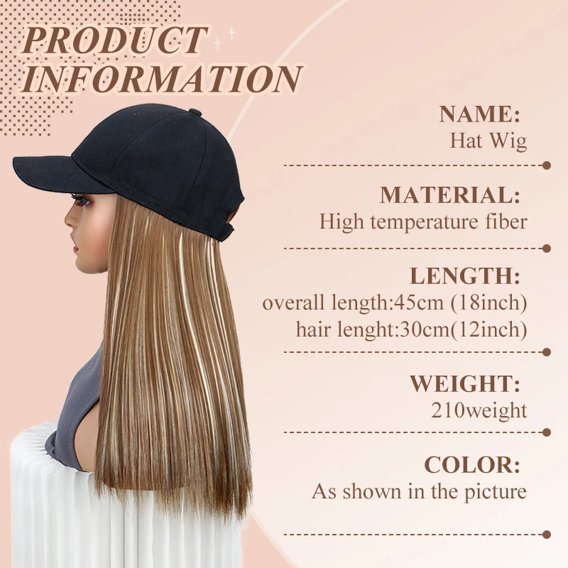 Pelo sintético con gorra de béisbol cabello largo lacio negro extensión elegante y conveniente todo en uno para mujeres 4