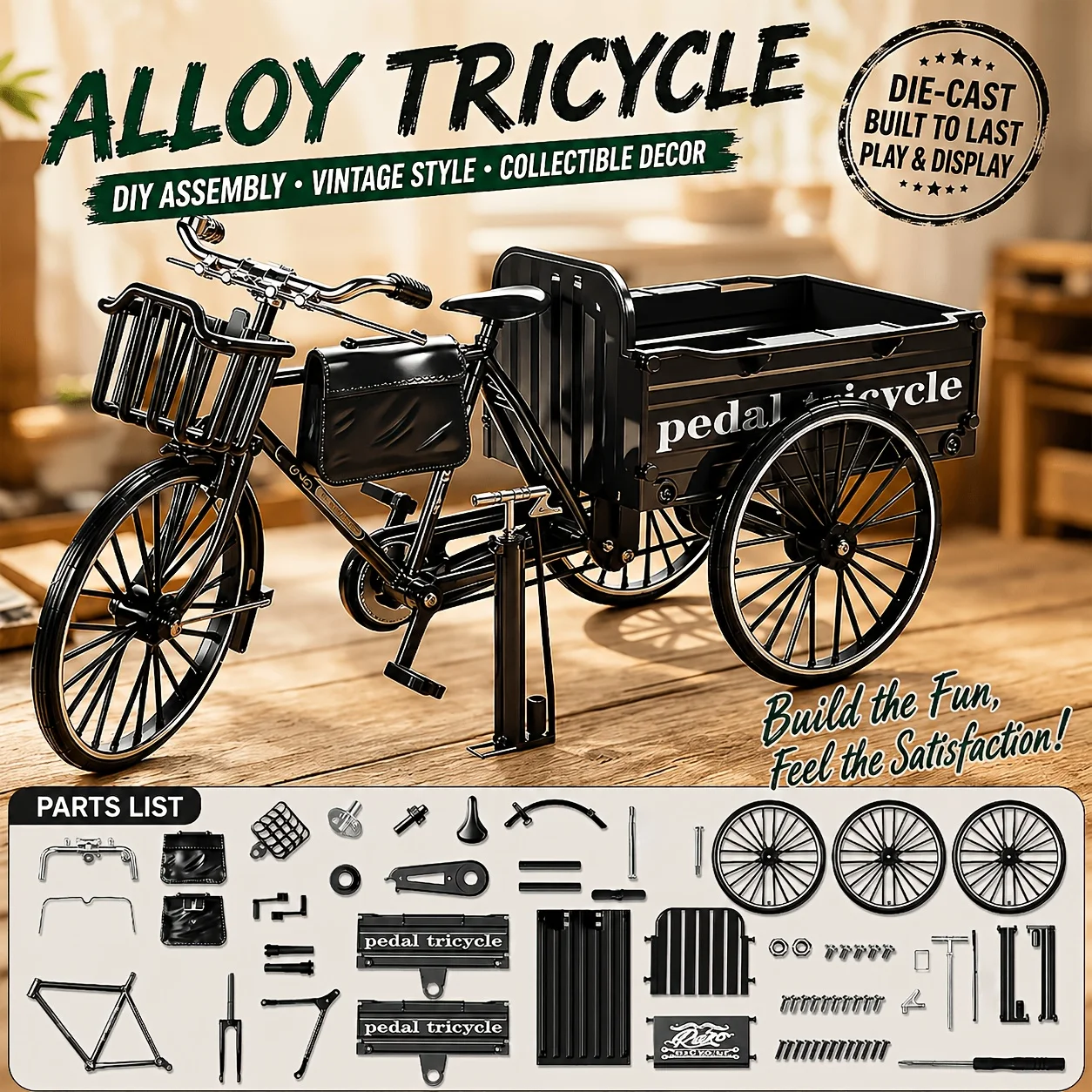 Vintage Classic Tricycle Diy Assembly Model Kit Aluminum Alloy Movable Mechanical Transmission Miniature Ornament Creative Deskt
