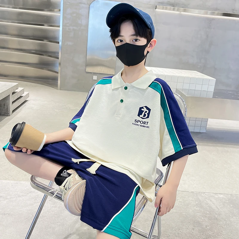 Elegant Boy Summer Polo Shirts Set with Shorts 2 Piece Top and Bottom Clothes Set Kids Tracksuit Child Patchwork Clothing Suit