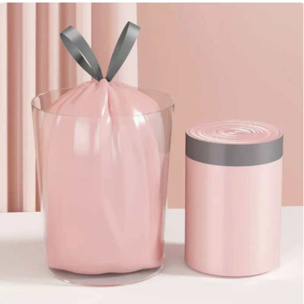Thickened Drawstring Trash Bags, Ice Berry Pink Portable Waste Bags for Kitchen Household, 1 Roll