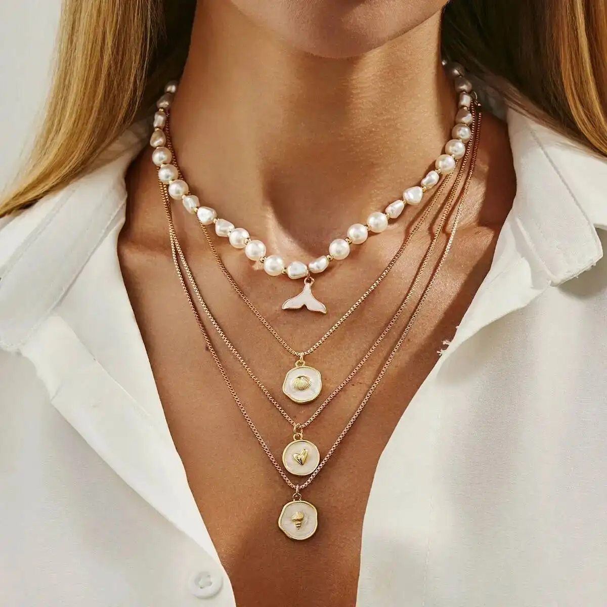 IngeSight.Z 4Pcs Imitation Pearl Fishtail Pendant Necklace Set Women Trendy Exquisite Multilayered Clavicle Chain Ladies Jewelry