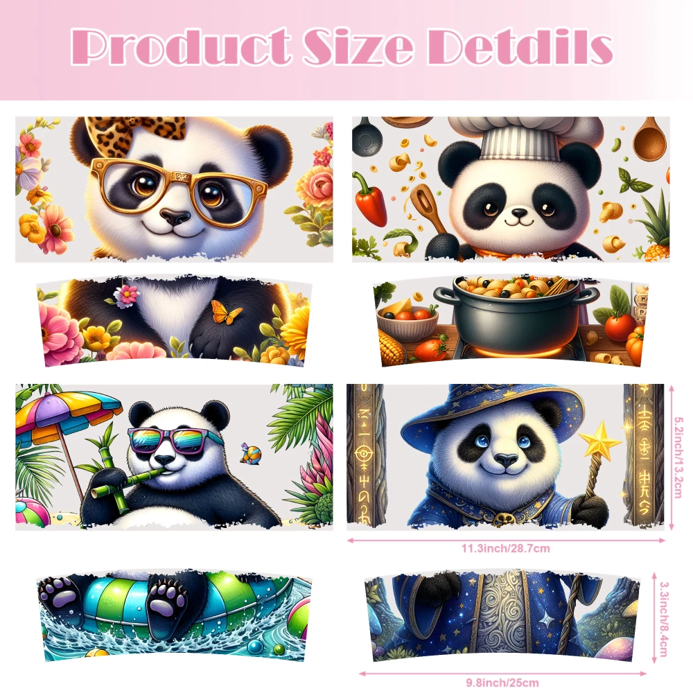 4 Sheets Panda Magic Chef Beach Fashion UV DTF Stickers for 40oz Tumblers Decorative Transfer Paper Waterproof DIY Cup And Mug