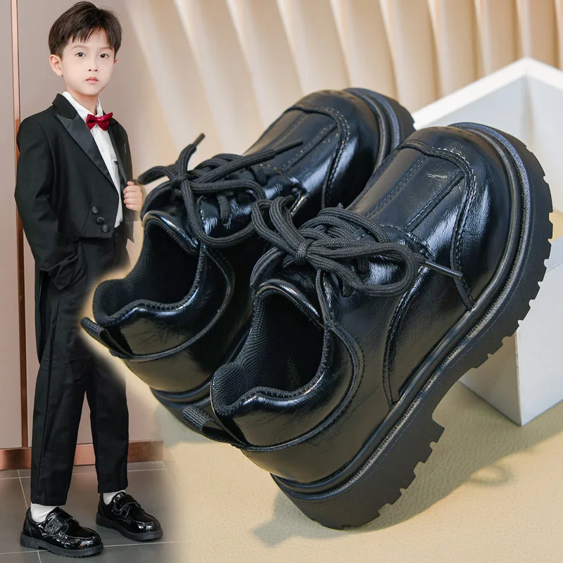 Kids School Shoes Black Soft Sole Boys Formal Shoes Lace Up Round Toes 2026 Brand New Children Leather Shoes Non-slip