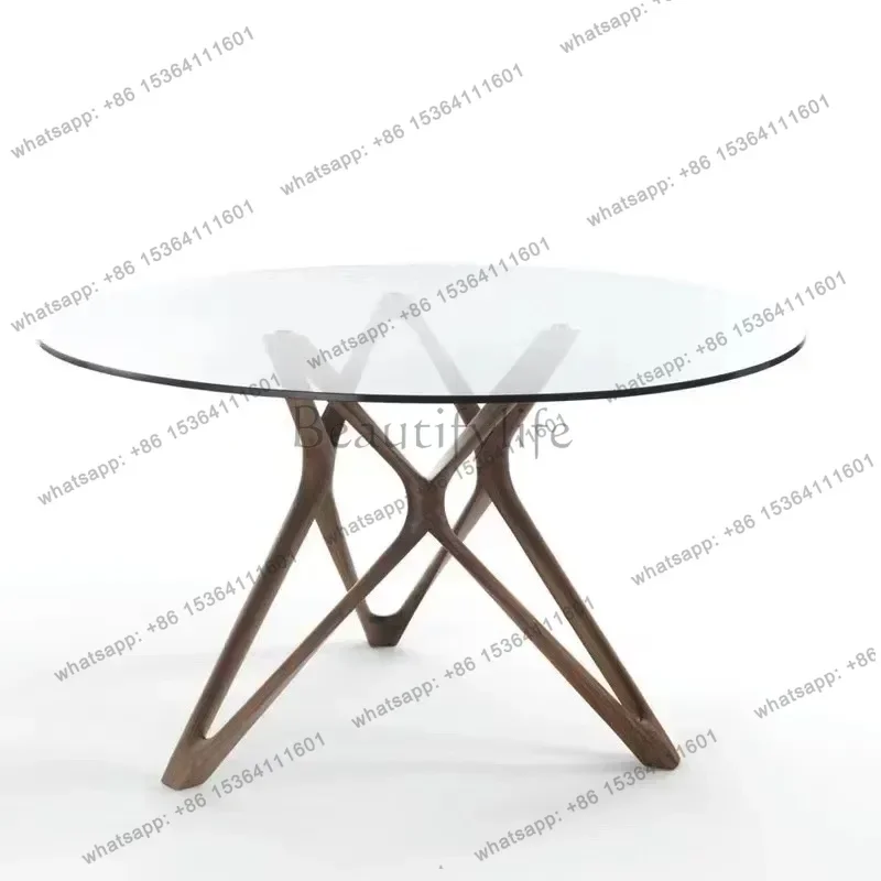 

Italian Minimalist North American Black Walnut Round Dining Table Modern Glass Casual Small Round Table Pure Solid Wood