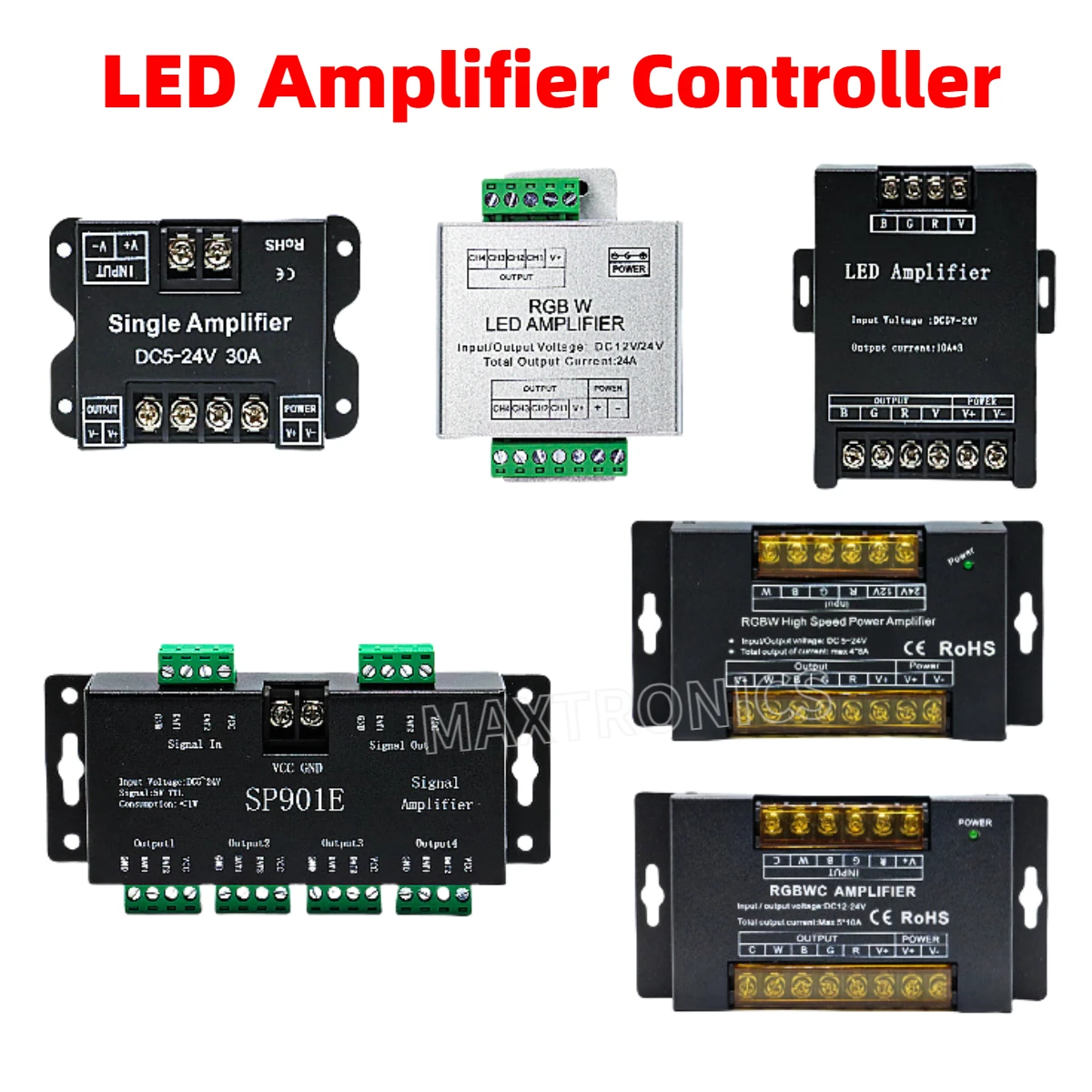 LED Amplifier Controller 12A/24A/30A/50A Single Color/RGB/RGBW/RGBWW RGB+CCT 1CH/3CH/4CH/5CH Strip Power Repeater DC5V12V/24V