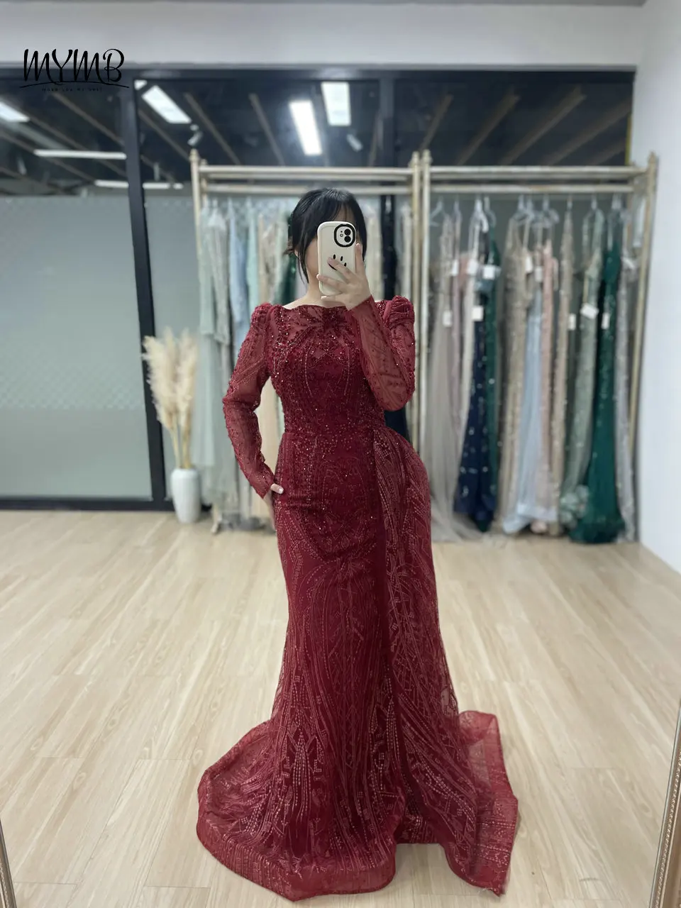 MYMB Wine Elegant Long Sleeves Beading Lace Mother Of The Bride Dress Arabic Gorgerous Mermaid Evening Dresses for Wedding Party