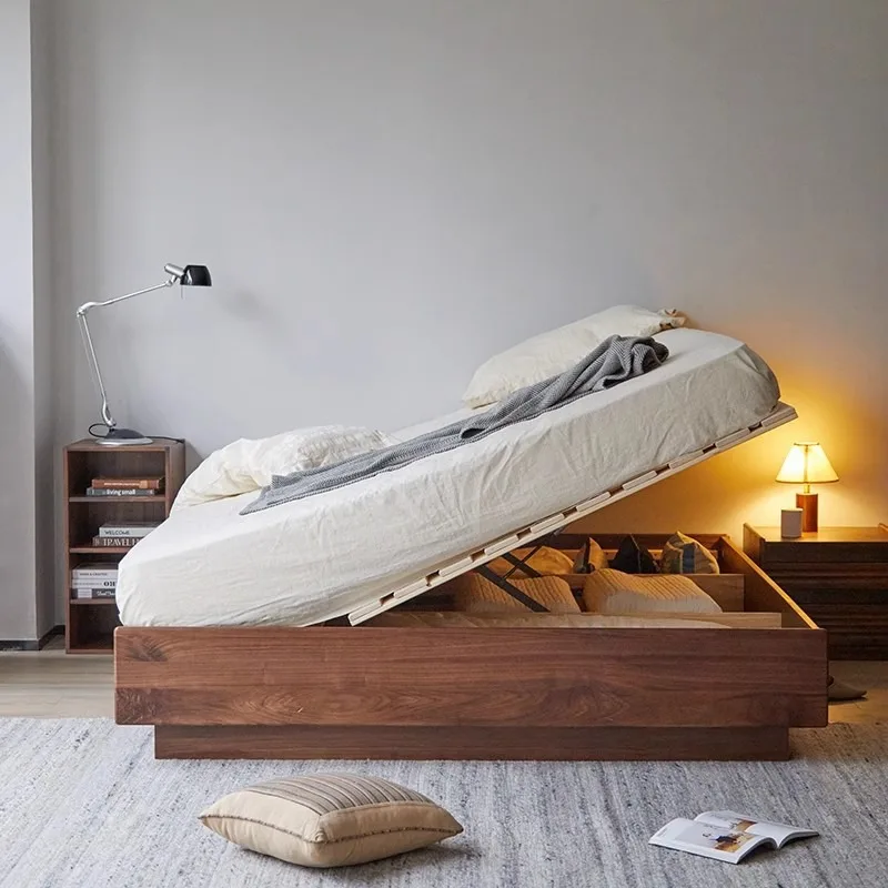 Pneumatic storage bed without backrest, North American black walnut Japanese headless bed 1.8 meters solid wood box storage bed
