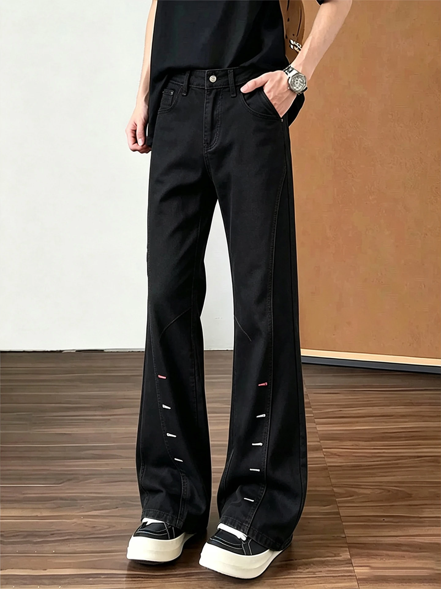 American Style Deconstructed Slant Cut Embroidered Knife Jeans Men High Sense Pure Cotton Slim Straight Narrow Version Long P...