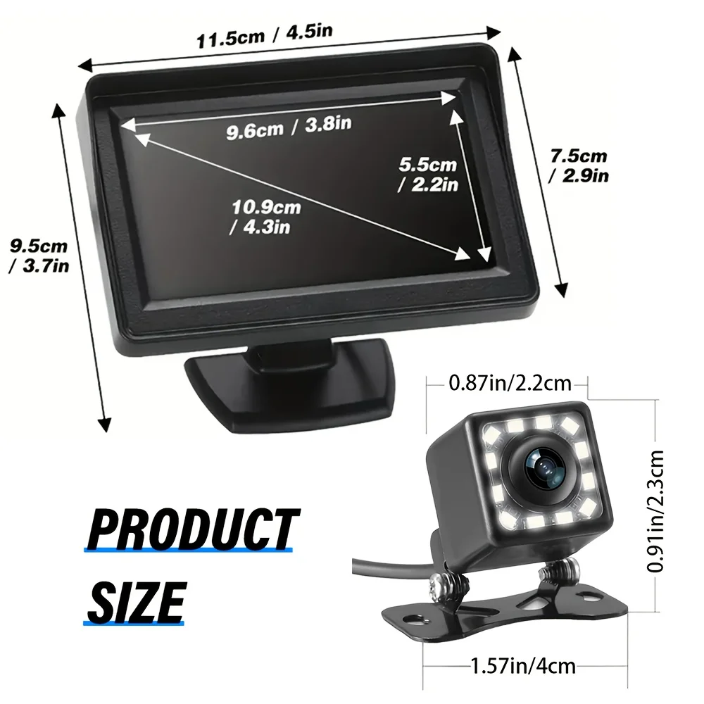 4.3-inch Car Reversing Mirror with 12-LED Park Assist Camera - Safe Driving Aid System, Clear View and Easy Installation