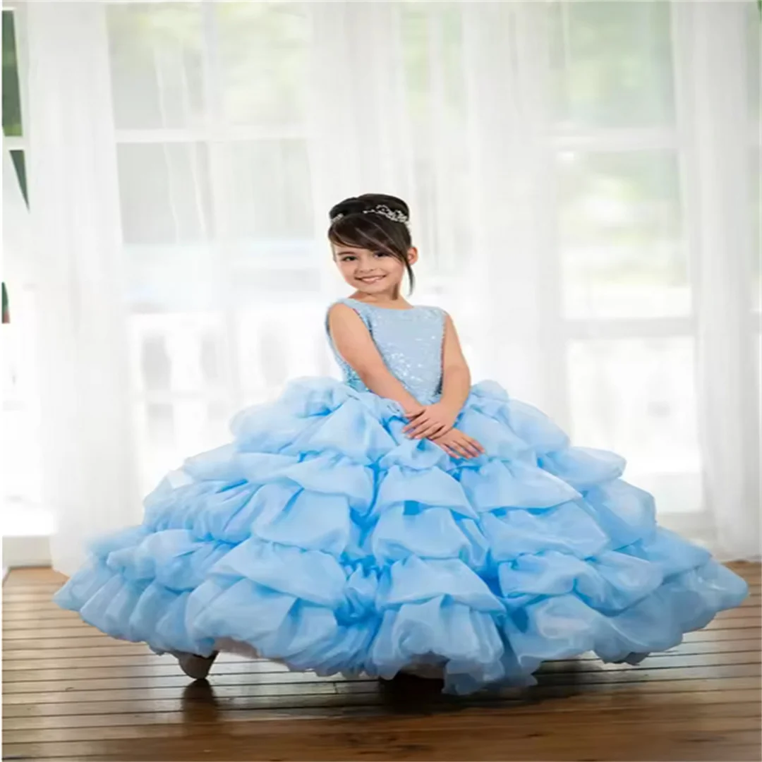 Cswdocy Customized Flower Girl Dress For Wedding Layered Puffy Pearls Sequined Baby Kids Birthday Party First Communion Gowns