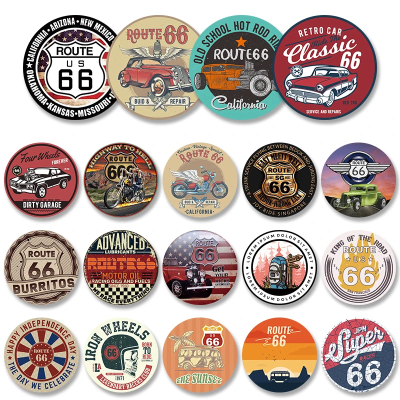 

Vintage Route 66 Round Plaques Metal Tin Signs Retro Road Trip Buid Repair Metal Plate Wall Decor Garage Club Gas Station