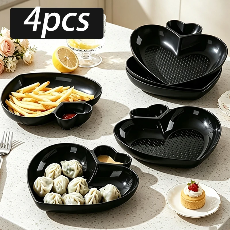 4pcs heart-shaped jiaozi plate with sauce bowl, convenient for storage, necessary for kitchens, restaurants and hotels.