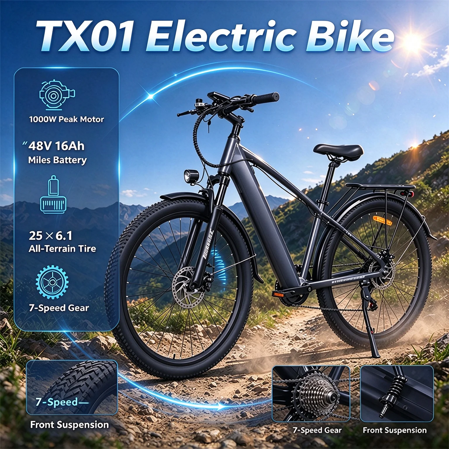 Adult Electric Mountain Ebike 29 Inch All Terrain Off-road Bicycle, 48V 16Ah Removable Lithium Battery, Front Suspension, 7 Speed Gears, Dual Disc Brake, LCD Screen, Adjustable Saddle for Commuting, Camping & Outdoor Adventure
