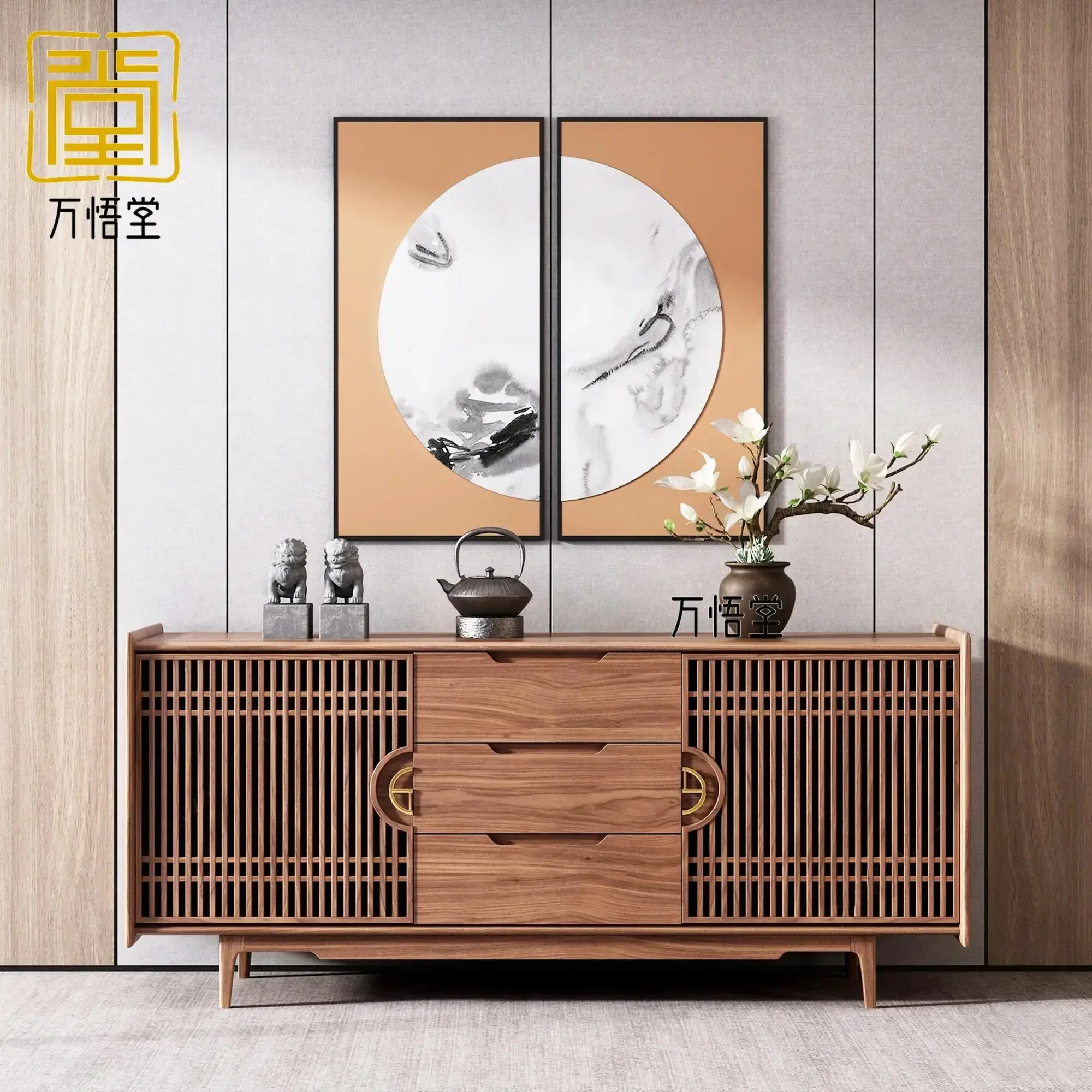 yh New Chinese-style solid wood porch cabinet, simple Zen ash wood side cabinet against the wall, living room