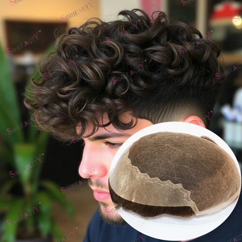 

Необнаружимая натуральная линия волос, 20 мм, вьющиеся человеческие волосы, мужской парик, прочное швейцарское кружево с основанием из искусственной кожи, капиллярный протез, шиньоны