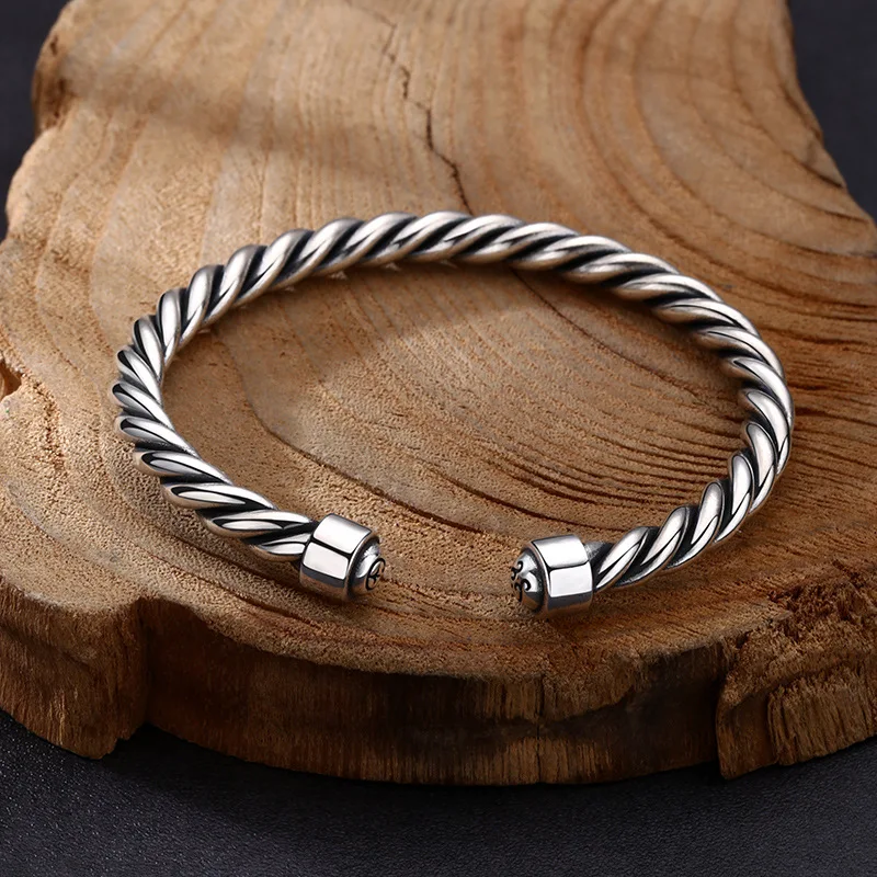 S925 Sterling Jewelry Handmade Twisted Rope Bracelet Vintage Thai Silver Open Bangle