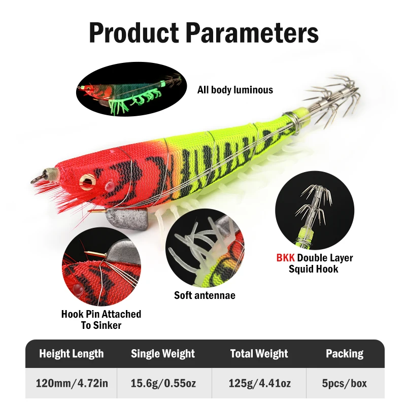 LEYDUN 5PCS Simulation Luminous Squid Set Fishing Lures 120mm EGI Luminous UV Squid Jig Bkk Hook Soft Antenna Shrimp Squid Lure