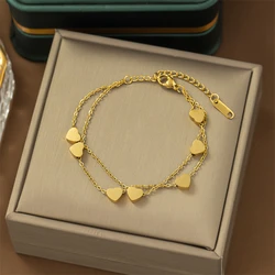 316L Stainless Steel New Fashion Fine Jewelry Sweet 2-Layers Perforated 7 Hearts Charm Chain Bracelets For Women Couple Gifts