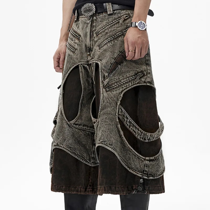 HKSH صيف جديد الرجال المد قطعتين هيكل تصميم تحسس Capris الدنيم الأمريكية شارع العليا موضة المرقعة السراويل Ins HK5252