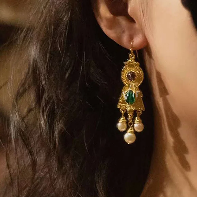 Vintage Gold Plated Brass Drop Earrings for Women Baroque Glass Faux Pearl Dangle Earrings Retro Statement Jewelry