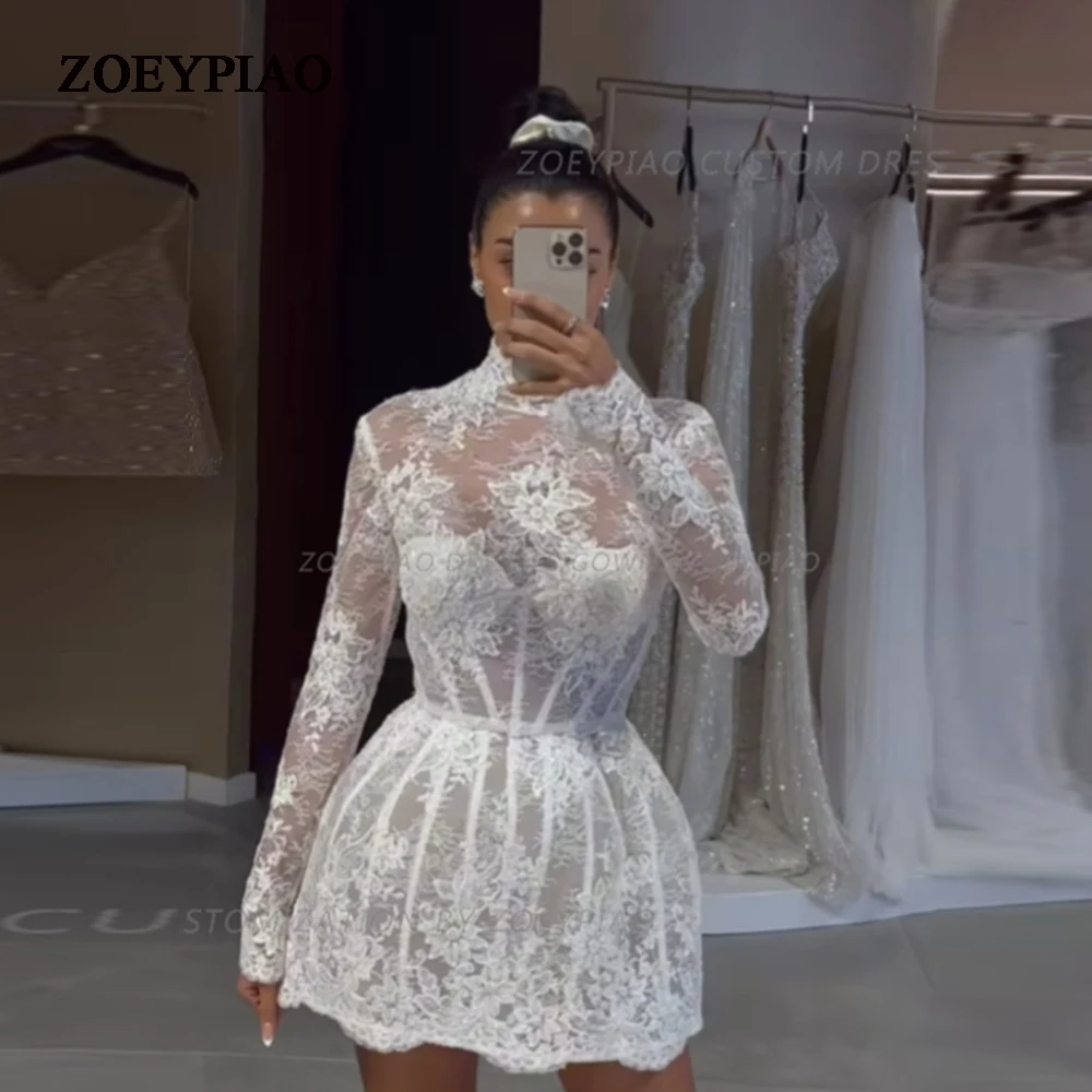 Vestidos de novia de línea A de encaje para mujer, Vestido de princesa corto de cuello alto personalizado, moda Formal, vestidos de novia de fiesta